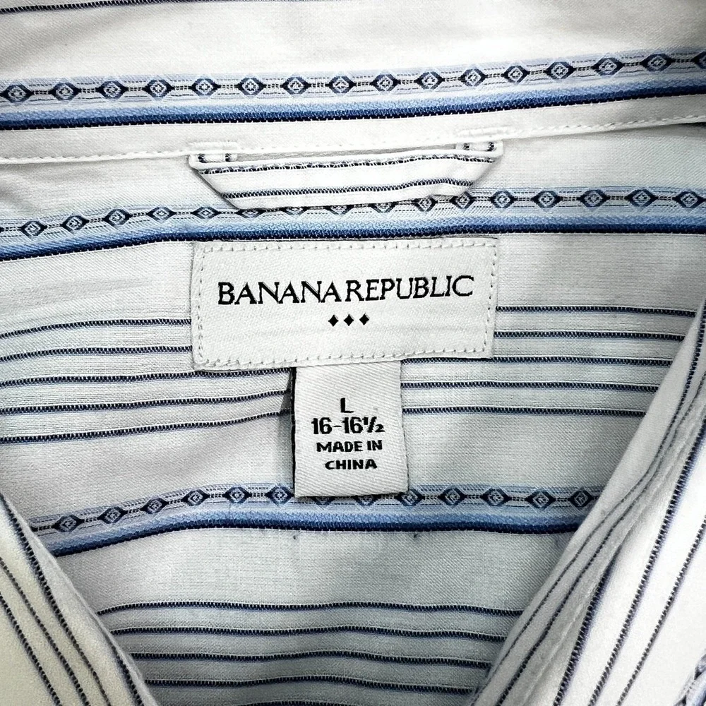 Banana Republic White‎ Blue Striped Button Down Shirt Size L 16-16-1/2